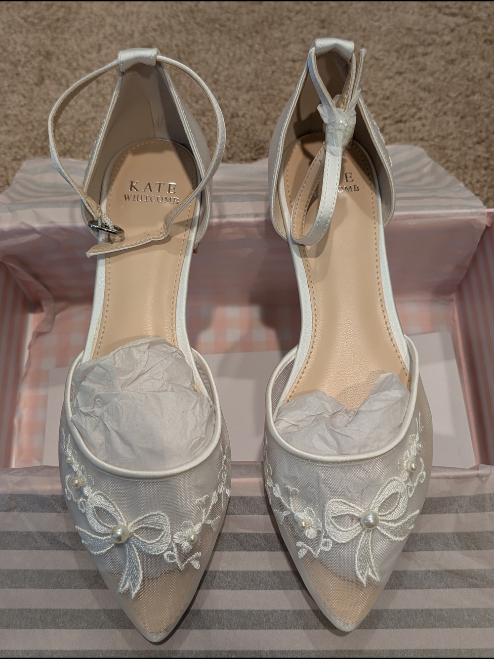 White Embroidered Pointed-Toe Ankle-Strap Flats